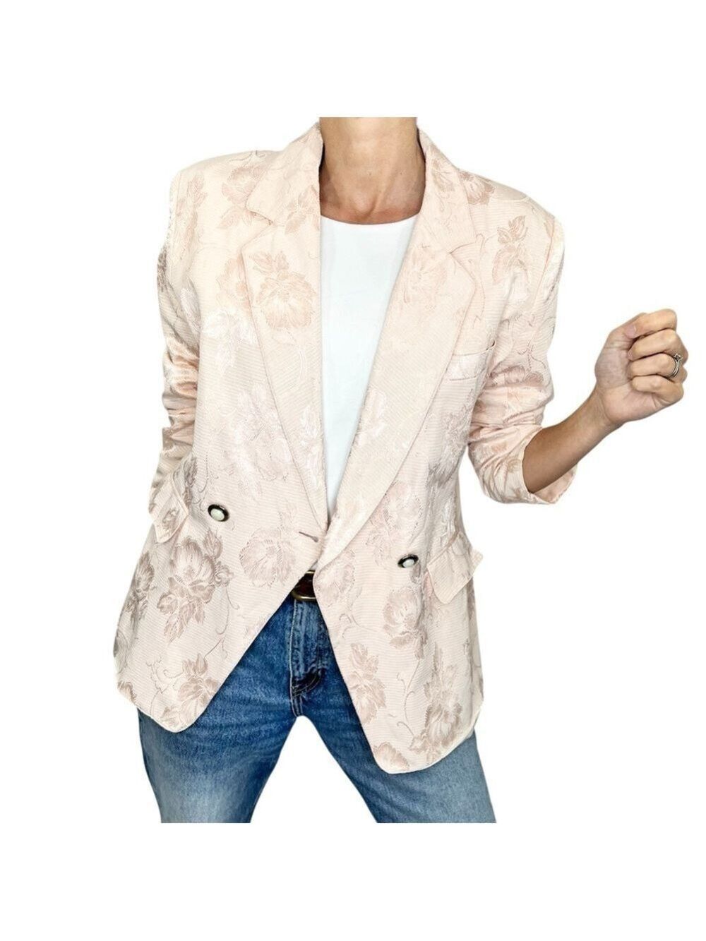 Vintage 80s 90s pale pink floral jacquard double breasted blazer jacket